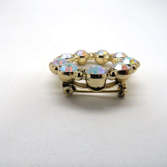 Vintage Brooch Aurora Borealis Crystal Circle Brooch Gold Tone Pin - Picture 7 of 13